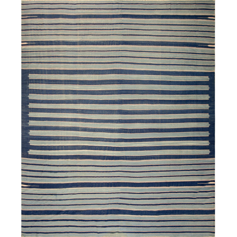 Antique Oversized Square Shape While and Blue Striped Flatweave Indian Cotton Dhurrie Carpet