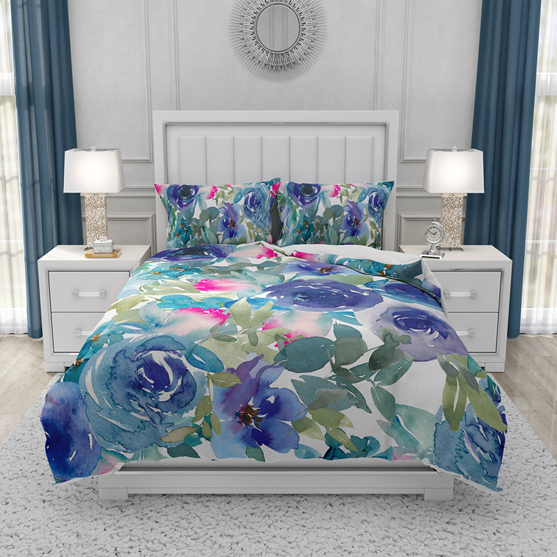 Housse de couette et taies décoratives Blue Roses, Housse de couette très grand + 2 taies décorativ