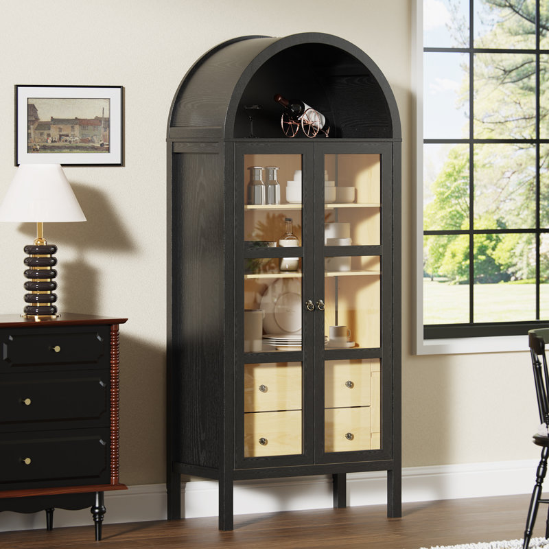 Camerion 72" Tall Modern Arched Cabinet with Glass Doors and  Auto Sensor Light, Black