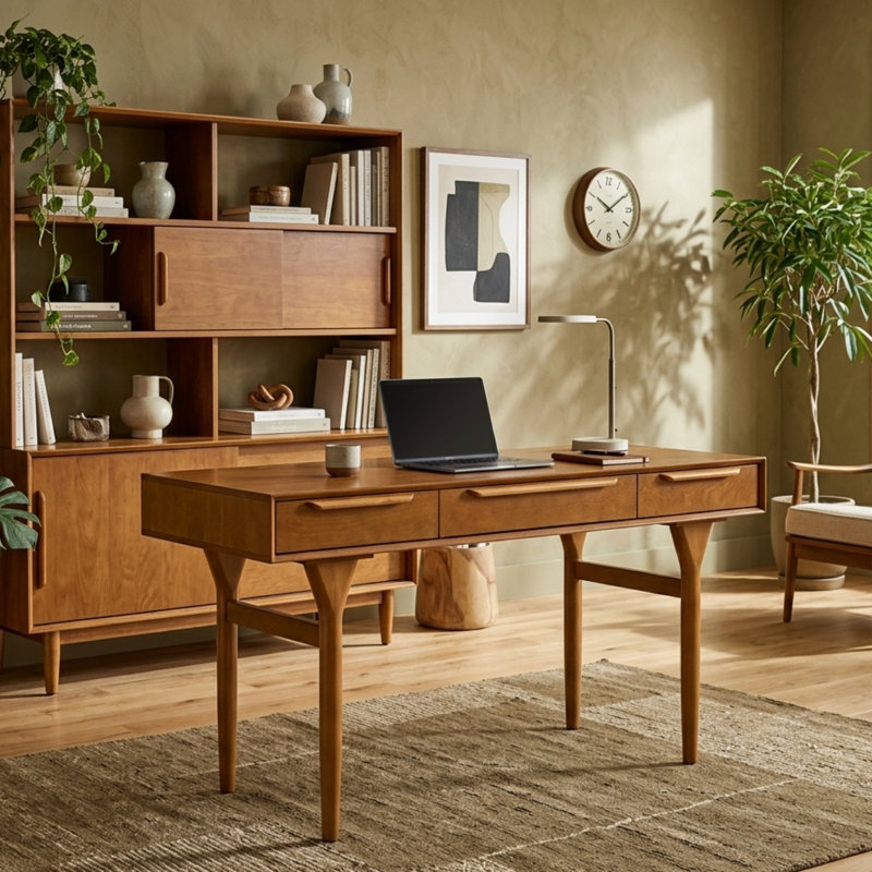 Bureau Farrington de style moderne du milieu du siècle, en bois massif, de 60 pouces de large, avec station de recharge et 3 tiroirs de rangement
