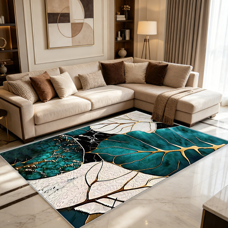 Teal Gold Leaf carpet-easy to clean, machine-washable, soft and comfortable; suitable for door mats, kitchens, living rooms, bedrooms, corridors, and laundry areas. Easy to clean, durable carpet for home decoration.