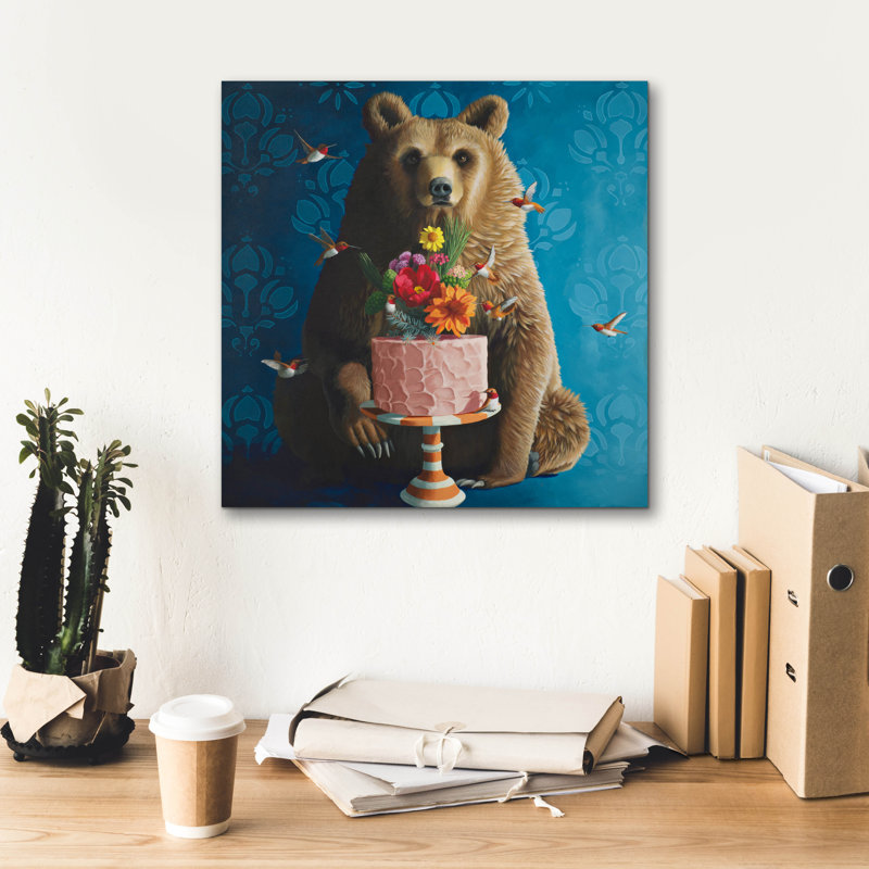 Art mural épique «Cake Bear On Blue» par Heather Gauthier, 18 po x 18 po