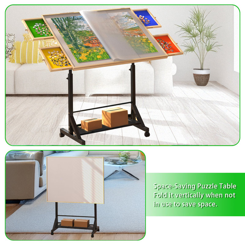Wooden 1500 Piece Puzzle Table With Drawer, 35"*27.17" Adjustable Puzzle Table, 360° Tilting Puzzle Table With Legs And Wheels, Rolling Puzzle Table, Adjustable Height And Angle, With Protective Cover 