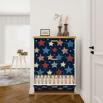 Shoe Storage Cabinet with 3 Flip Drawers for Patriotic Red White Blue Stars Hand Drawn Stripes Doodles Shoe Rack Storage Organizer