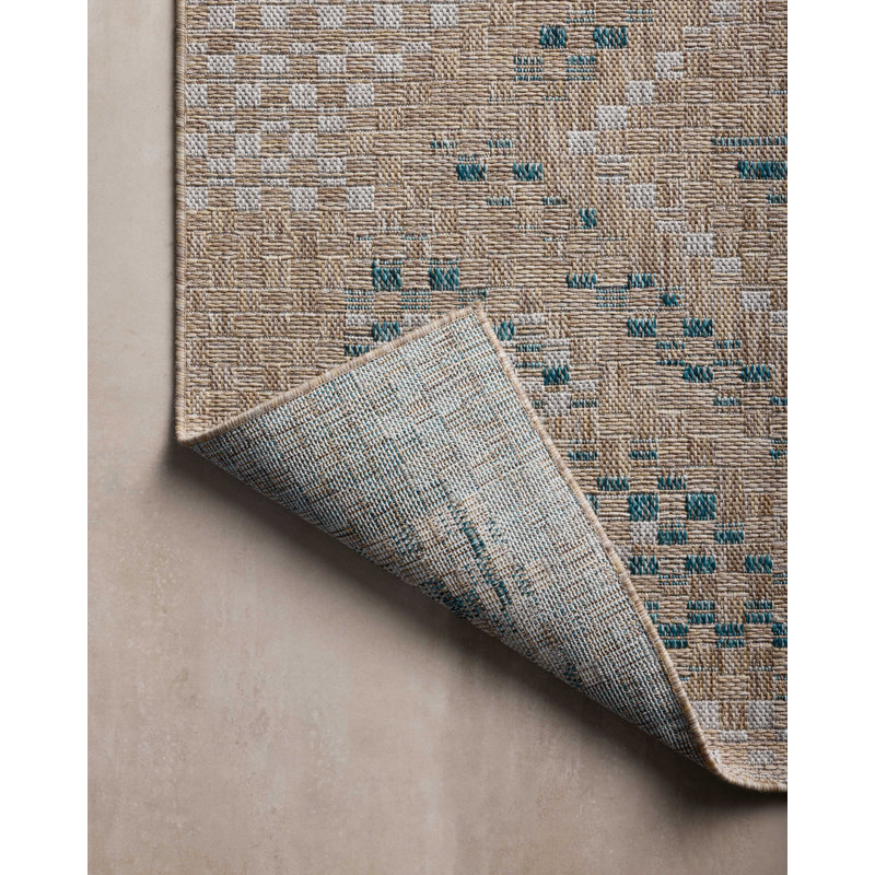 Natural and Aqua Geometric Synthetic Indoor/Outdoor Rug 6'7" x 9'4"