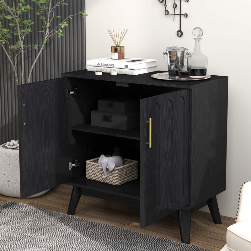 Buffet Mid-Century moderne cannelé avec tablettes réglables et pieds en bois massif, Noir