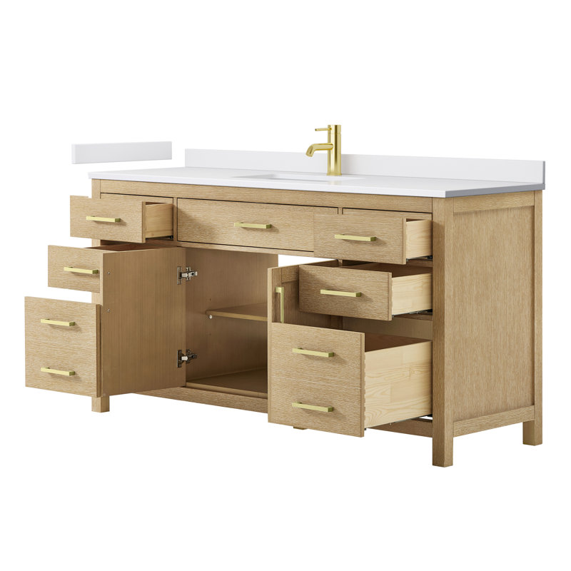 Beckett 66" Freestanding Single Bathroom Vanity with Cultured Marble Top, Whitewashed Oak, Brushed Gold