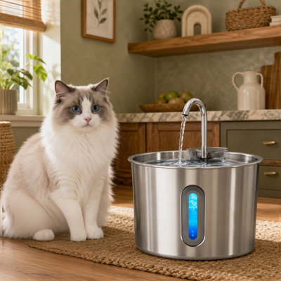 Fontaine à eau d'intérieur pour chat en acier inoxydable de 2,2 L (74 oz) avec distribution silencieuse, fournie avec 8 filtres et 8 éponges.