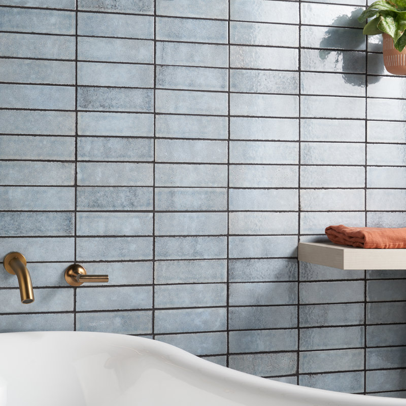 Groovy 2" x 8" Glossy Lava Stone Subway Wall Tile (3.88 Sq. Ft. / Case), Arctic Blue
