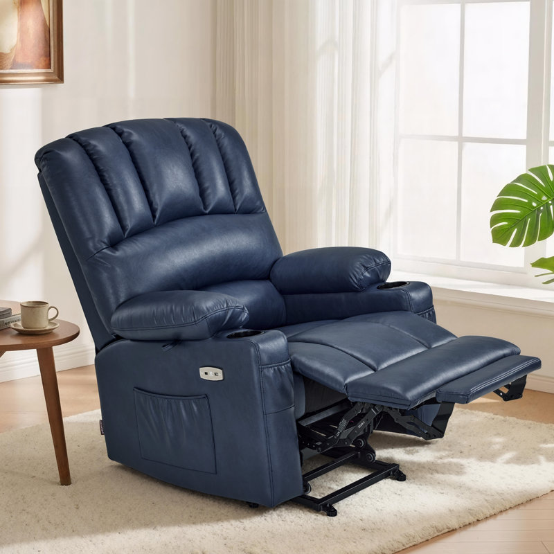 Power Recliner Lift Chair with Heat and Vibration Massage, Faux Leather, Blue