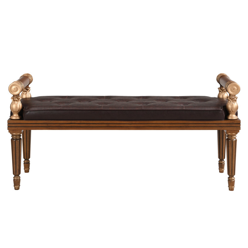 Valmont Mid-Century Modern PU Leather Button-Tufted Upholstered Bench with Gold-Accent Legs, Brown