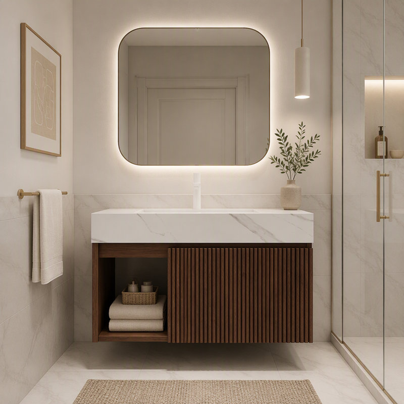 Meuble-lavabo mural de 76 cm avec lavabo intégré, armoire cannelée et éclairage à détecteur de mouvement, 30" W, White