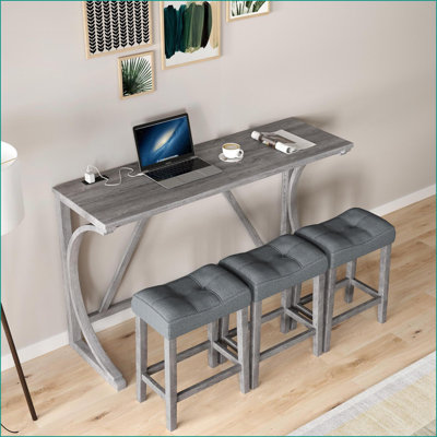 Industrial Wood-Look Coffee Table &amp; Chair Set with Power Outlet, Space-Saving Easy-Clean for Kitchen Living Room