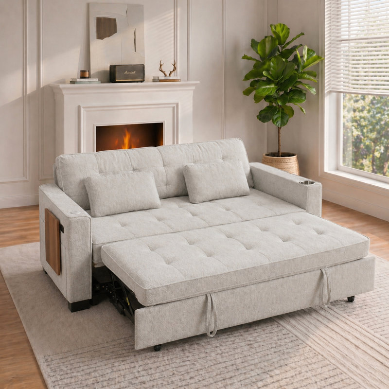 73" Convertible Sleeper Sofa Bed with Pull-Out Bed, Foldable Side Table, USB Ports & Cup Holders, Small Space Multifunction Sleeper Sectional Sofa, Modern Chenille  Upholstered Couch for Living Room, Apartment, Small Space