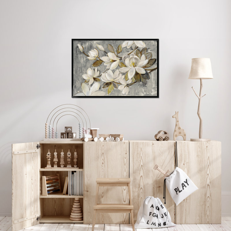 Magnolia Simplicity Neutral Grey by Silvia Vassileva - Painting, 65cm H x 95cm W, Black Framed Paper Print