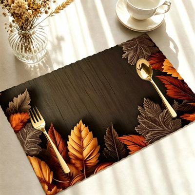 Autumn Placemats Set of 4 - Heat-Resistant Table Mats, for Indoor & Outdoor Dining,Brown Orange Dark Wooden Frame