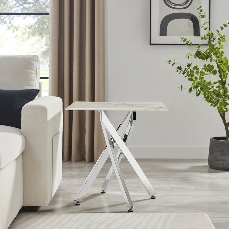 Atal Marble Effect Sofa Side Table - Glass Topped Metal Leg Small Table, Silver Chrome Metal, White Marble Effect