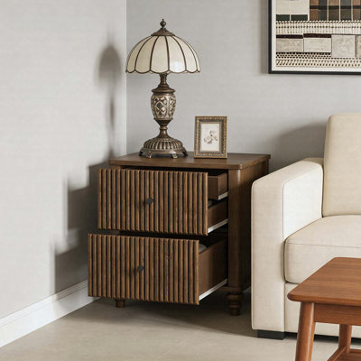 Kernie 21.65" Fluted Nightstand With 3 Drawers Mid-Century Modern Wooden Side Table With Metal Handles