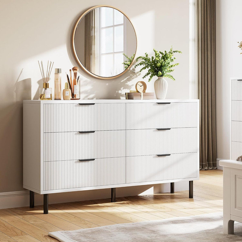 55" Wave Fluted 6-Drawer Dresser with Anti-Tip Device, Wood Chest Storage with Metal Legs, White