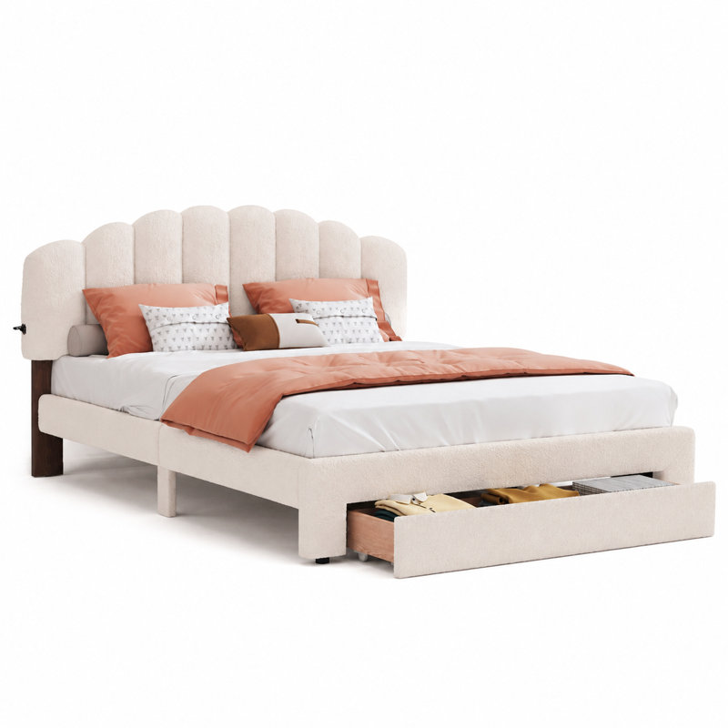 Grand lit plateforme tapissier avec tiroir de rangement sous le lit, système d'éclairage à DEL contrôlé par application intelligente, deux ports de charge USB sur la tête de lit rembourrée, revêtement en molleton doux, support à lattes robuste
