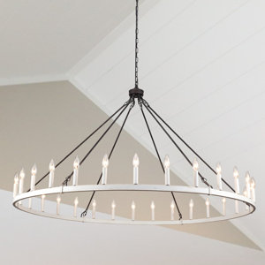 Weta 30 - Light 60" Lagre Dimmable Candle Style Wagon Wheel Chandelier for Vintage Farmhouse Living Room