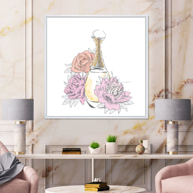 Bouteille de parfum et bouquet de fleurs I - Peinture sur toile, H 36 po x l 36 po x P 1 po, Toile blanche encadrée
