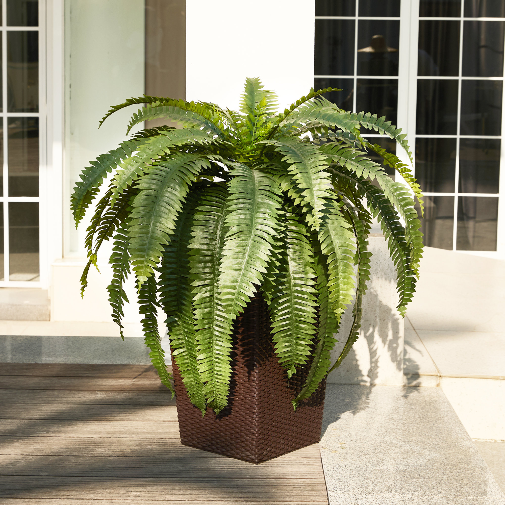 Adcock Artificial Boston Fern Bush Plant with Tapered Planter - UV Resistant Faux Ferns with 39 Leaves, 1, Brown