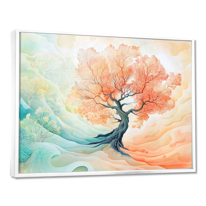 Décoration murale arbre de vie rose et vert - Arbre de vie, H 12 po x l 20 po, Reproduction avec cadre flottant, Blanc