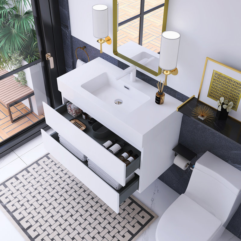 36 po W Meuble-lavabo mural simple avec lavabo blanc, Blanc