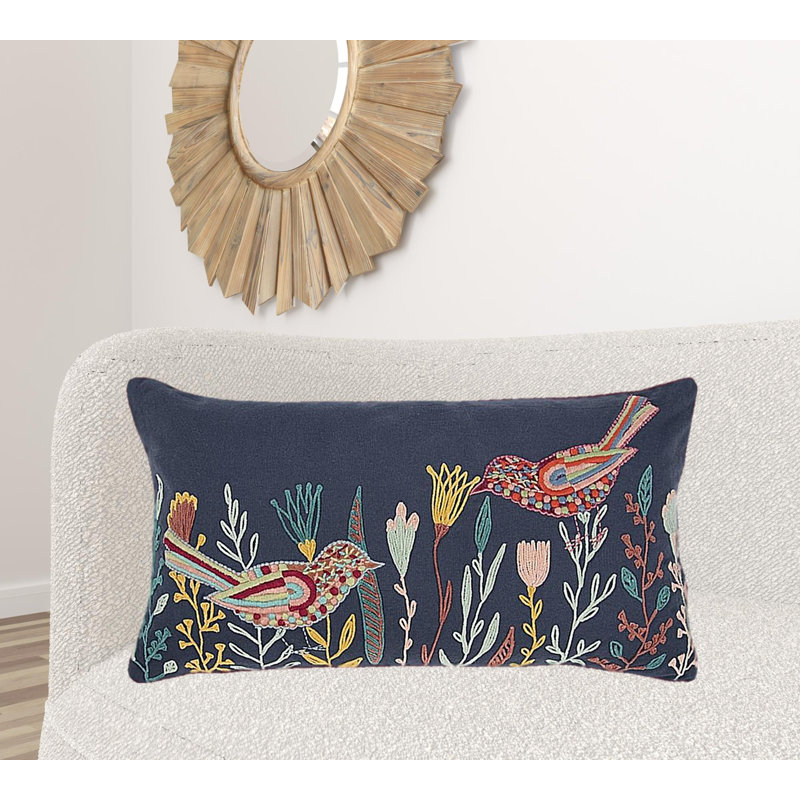 Coussin lombaire bleu à motif botanique et oiseau