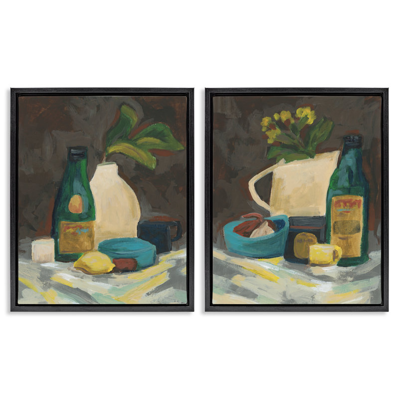  Mixed Sundries Still Life 2 PC Framed Floater Canvas Set by June Erica Vess, H 21 po x l 17 po, Cadre flottant noir de jais
