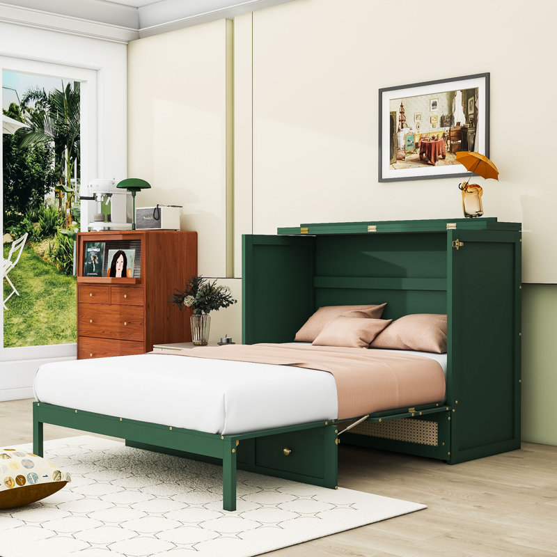 Lit escamotable en bois avec tiroirs, Double, Vert