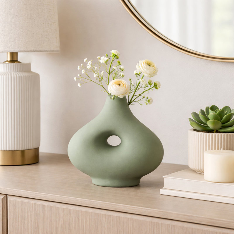 Modern Ceramic Abstract Table Vase for Home Decor - Contemporary Cutout Tall Flower Vase for Office, Tabletops, or Living Room - Green