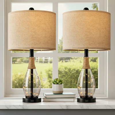 23.1-Inch Farmhouse Bohemian Style Dual-Head Desk Lamp Set (2 Pieces), Wicker And Glass Design, With USB C+A Interface, Black