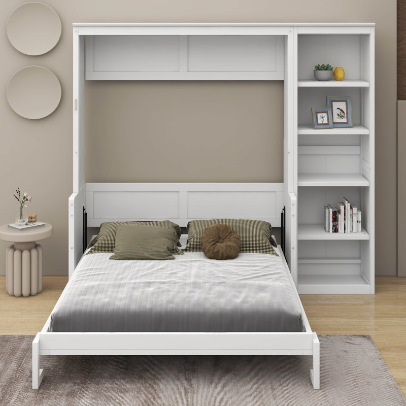 Lit escamotable double avec bureau et bibliothèque, Blanc, Double