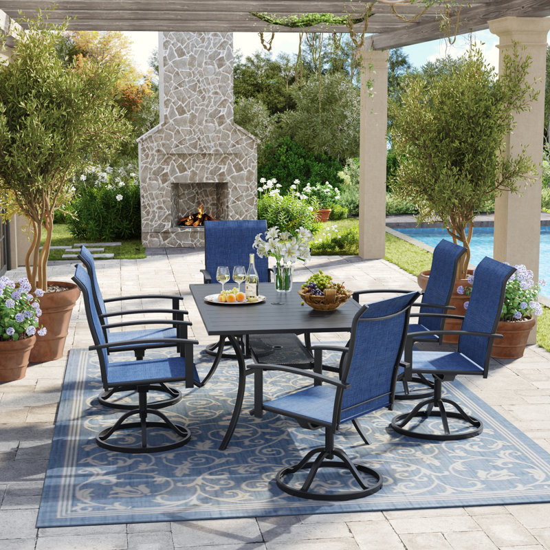 Ensemble de salle à manger de patio rectangulaire Petterson avec chaise empilable en polyester enduit de PVC, Bleu
