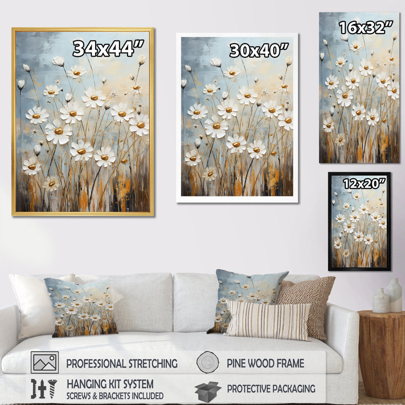 Marguerite blanche en fleurs élégance III - imprimé, H 20 po x l 12 po x P 1 po, Cadre flottant blanc