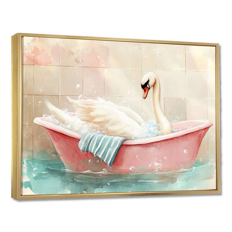 Bulles de bain rosées - Tableau encadré Cygne, H 30 po x l 40 po, Cadre flottant doré