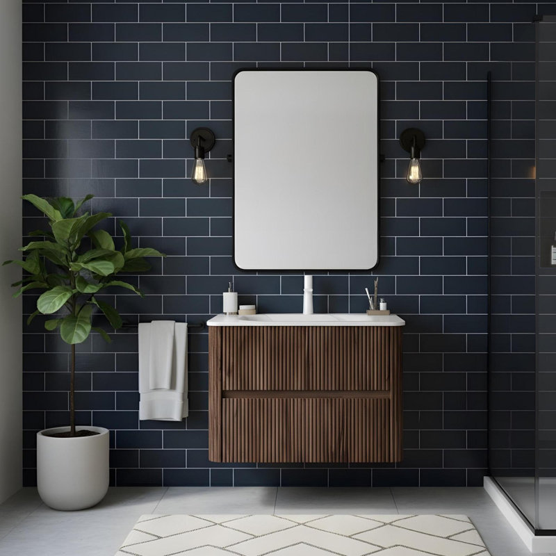 30" Floating Stripe Bathroom Vanity with Sintered Stone Sink