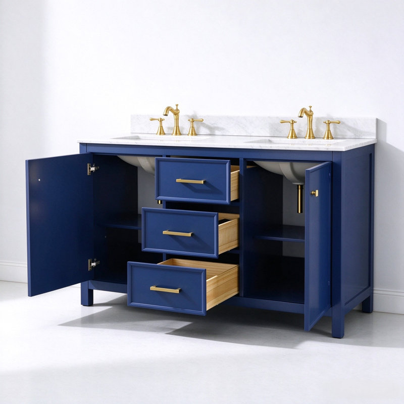 Malbon 60 " W Freestanding Standard 1 Single Double Vanity Bathroom Vanity With Carrara Marble Top, Blue