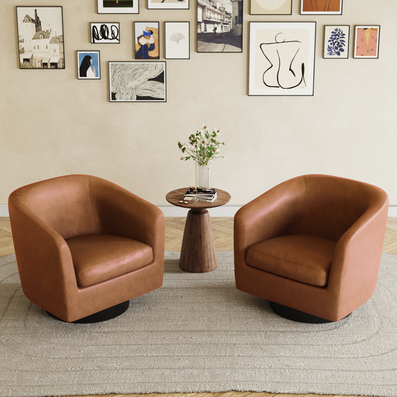 Fauteuil demi-tonneau pivotant en similicuir brun avec base en bois massif Applewold, Brun