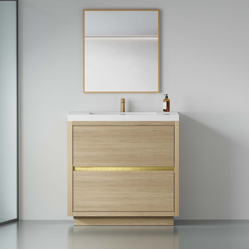 Meuble-lavabo autoportant avec lavabo, meuble-lavabo avec comptoir en résine de pierre et tiroirs à fermeture en douceur