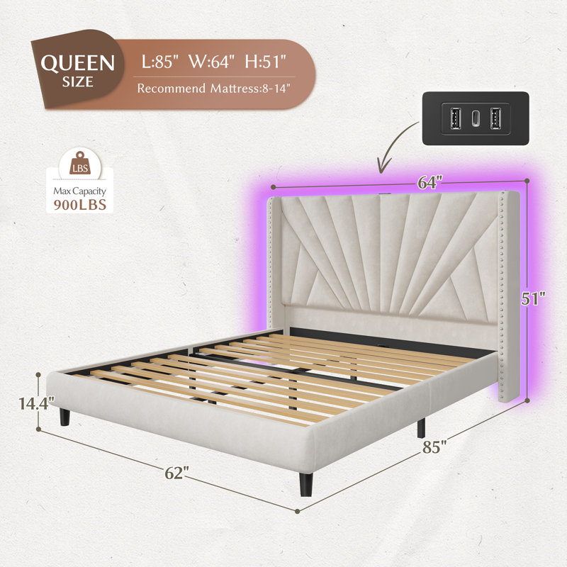 Bed Frame With 51"High Velvet Upholstered  Wingback Headboard, Platform Bed With Charging Station And Led Lights, Beige