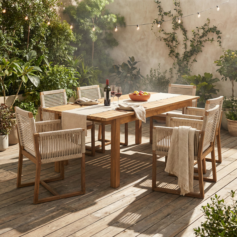 Marienthal 7-Piece Outdoor Acacia Wood Expandable Dining Set With Rope Woven & Cushions, Teak/Beige, Beige