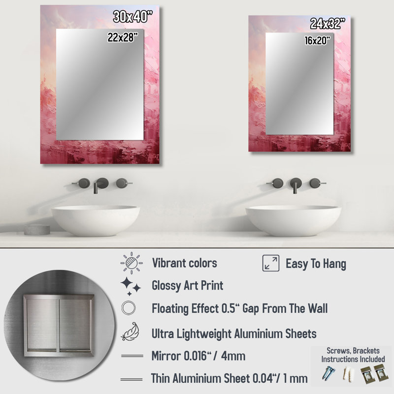 «Pink Horizon» - paysage unique, grand miroir mural rose, impression d'art en métal, 32 po x 24 po