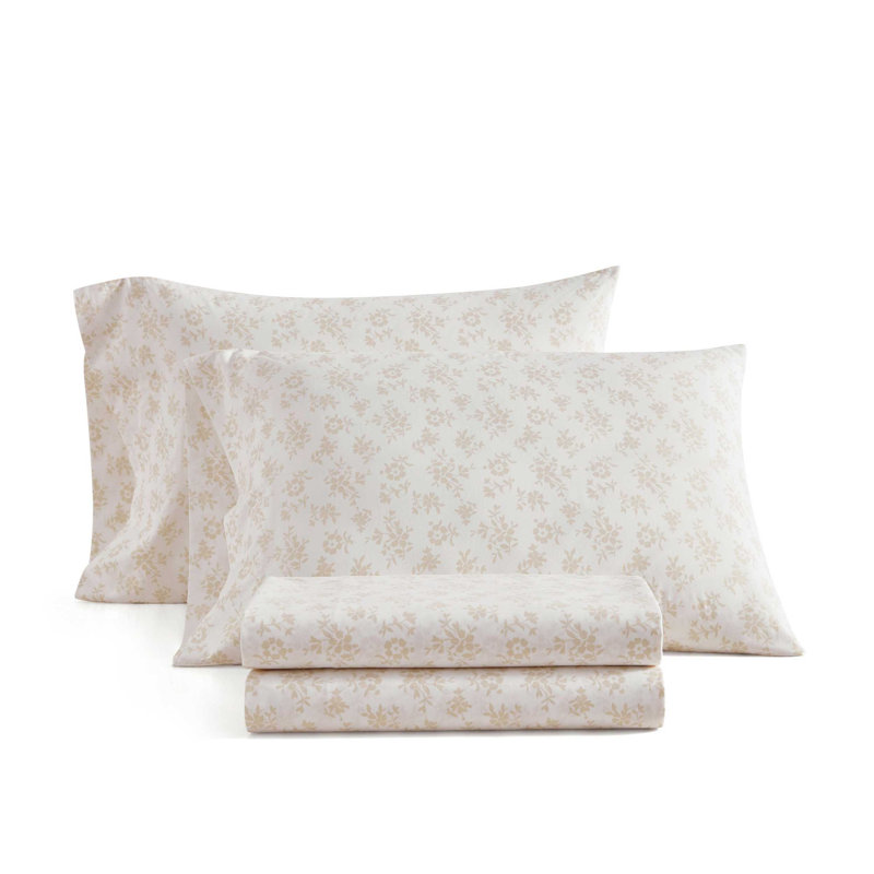 Martha Stewart Ditsy Vine Cotton Percale Green Sheet Set, Full Sheet Set with 2 Pillowcases, Green Floral