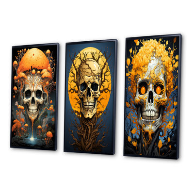 " Smiling Skull Orange Mushrooms Funky Halloween " 3 - Pieces