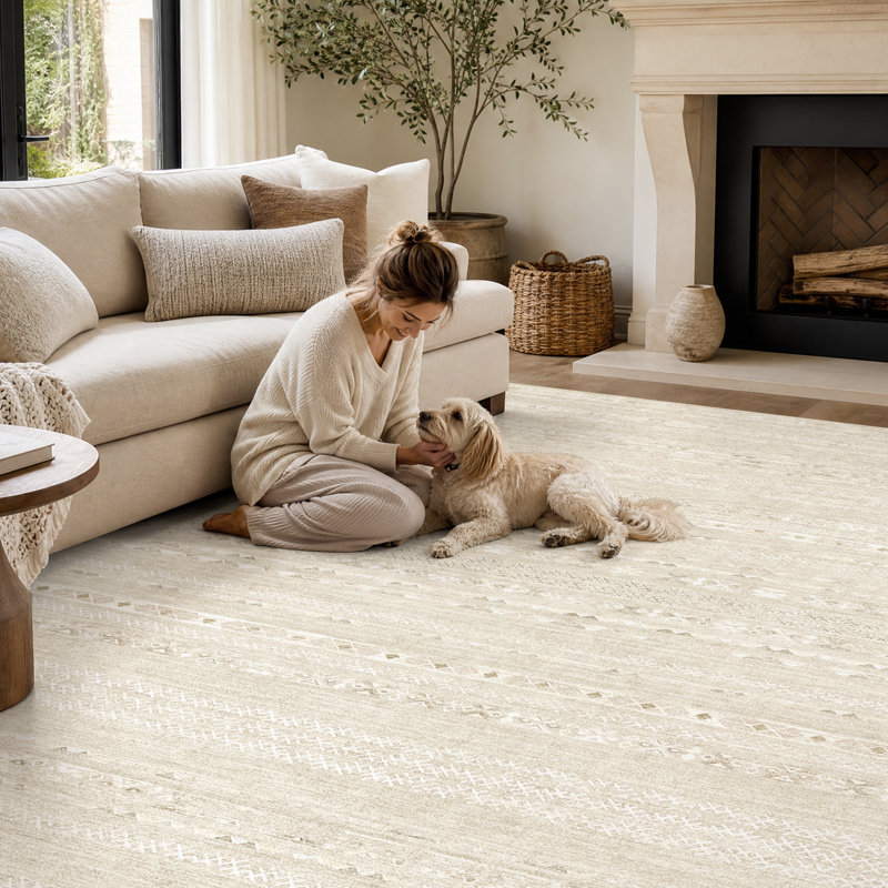 Tapis antidérapant à motif géométrique délavé Modern, Beige / Ivory, Rectangle 8' x 10'