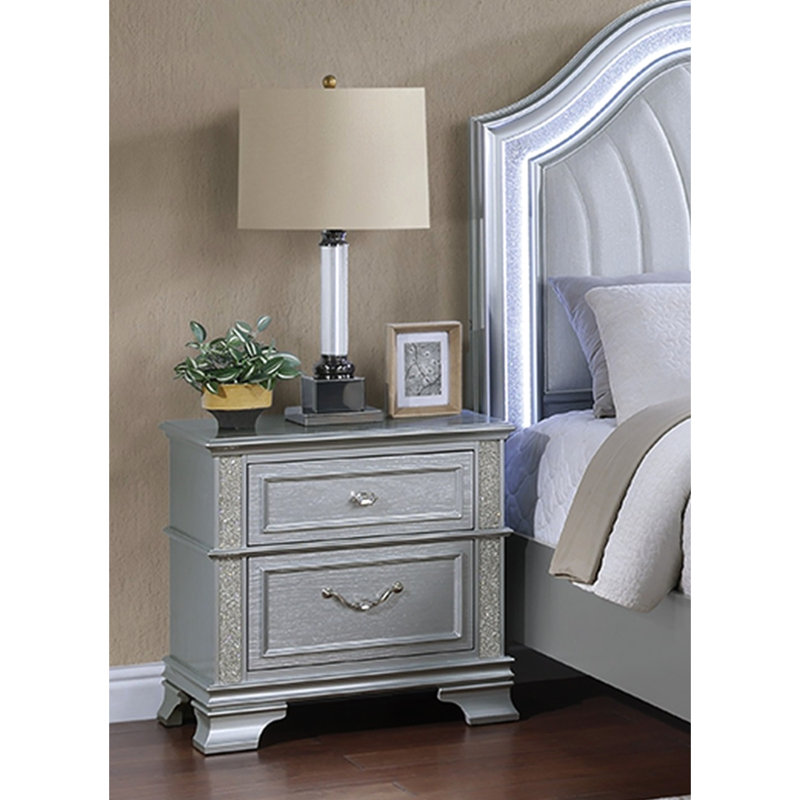 Table de chevet contemporaine grise à 2 tiroirs avec paillettes scintillantes et poignée en forme de goutte, rangement de chevet dans la chambre à coucher, finition argentée moderne, table décorative