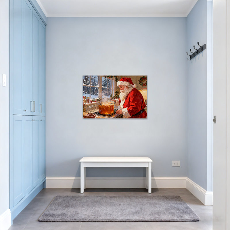 Père Noël cuisinant dans la cuisine avec un décor des Fêtes, H 16 po x l 24 po